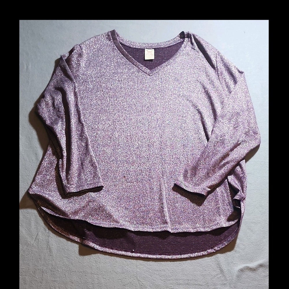Faded Glory Purple Metallic Knit Top 2X V-Neck Raglan 3/4 Sleeve Stretch